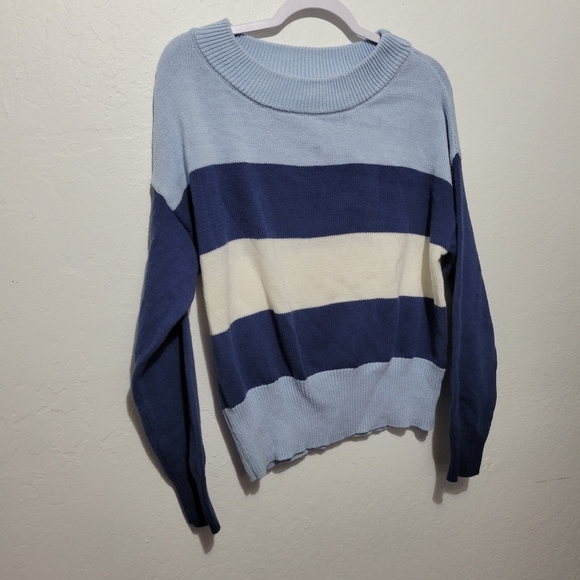 Lucky Brand Blue White Color Block Stripe Knit Sweater Medium - Picture 2 of 6